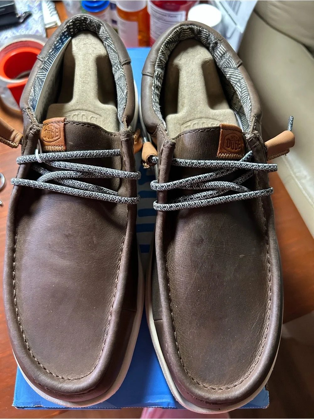 Hey Dude Wally Grip Craft Leather Boat Shoes - Brown with White Sole